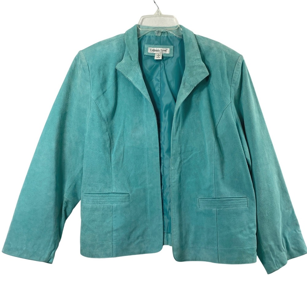 Coldwater Creek Jacket Womens Large Turquoise Suede Leather Open Front Blazer